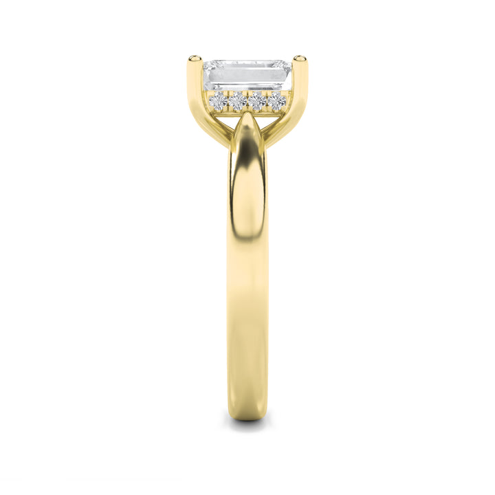 2Cttw Emerald Shaped Lab Grown Diamond (F/VS) Hidden Halo Cathedral Shank Engagement Ring in 14K Gold