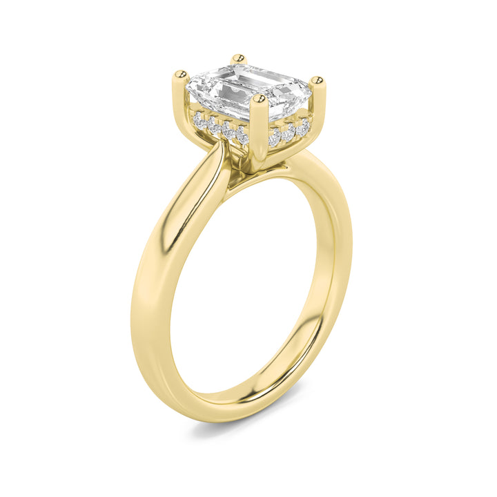 2Cttw Emerald Shaped Lab Grown Diamond (F/VVS) Hidden Halo Cathedral Shank Engagement Ring in 14K Gold