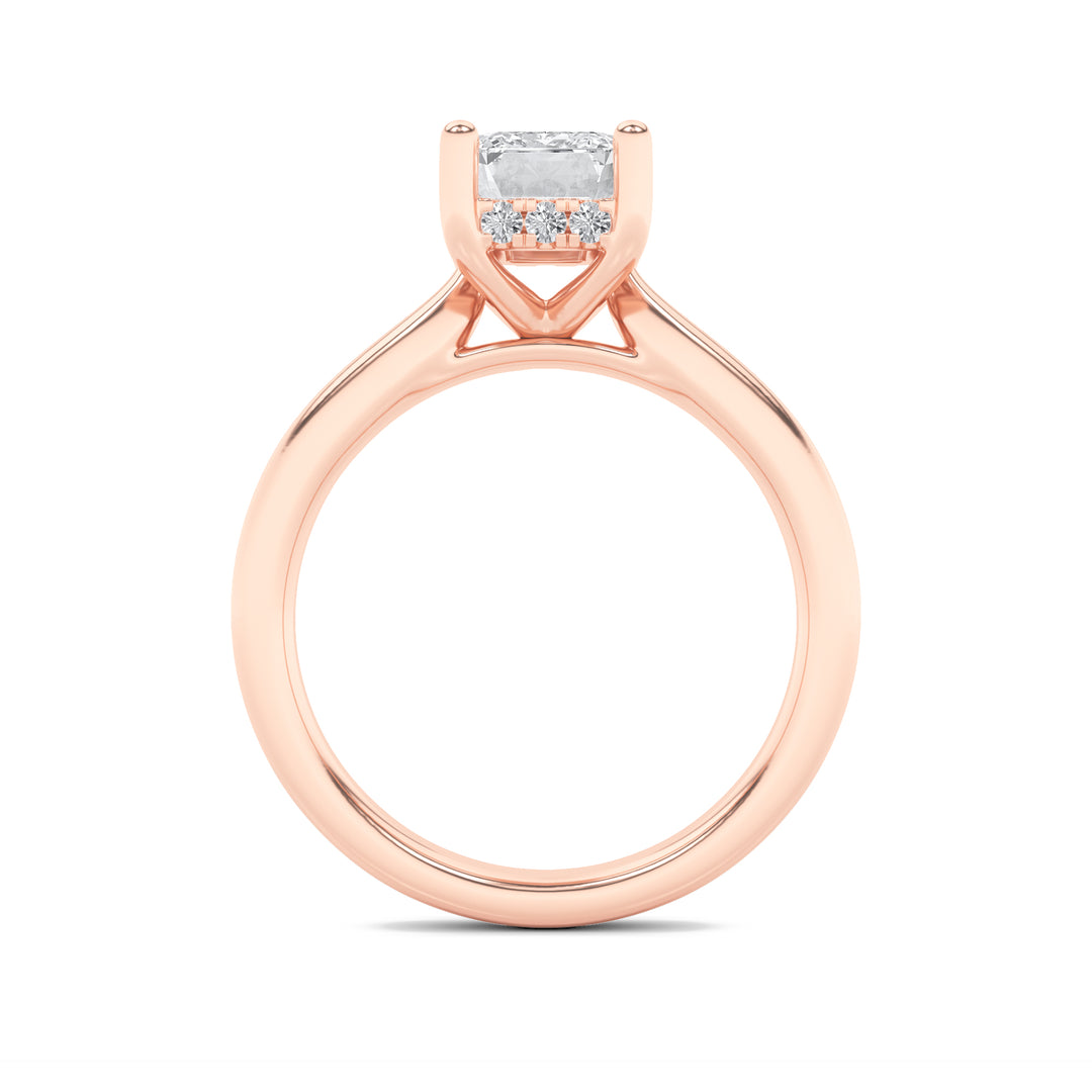 2Cttw Emerald Shaped Lab Grown Diamond (F/VS) Hidden Halo Cathedral Shank Engagement Ring in 14K Gold