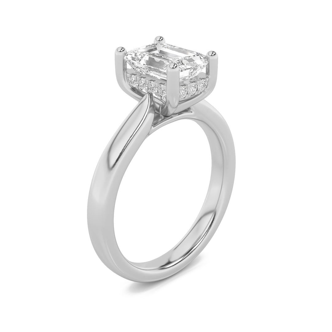 3Cttw Emerald Shaped Lab Grown Diamond (F/VS) Hidden Halo Cathedral Shank Engagement Ring in 14K Gold