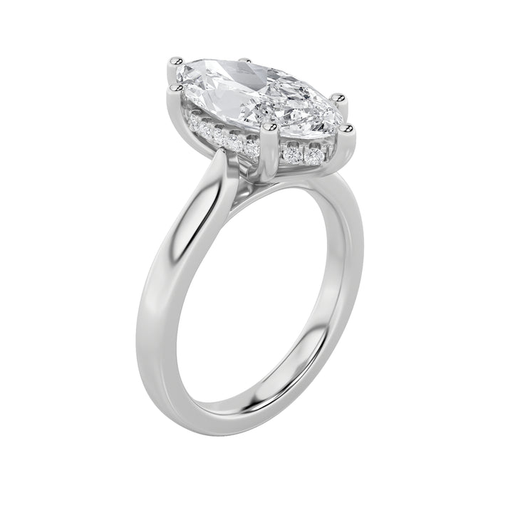 2Cttw Marquise Shaped Lab Grown Diamond (F/VS) Hidden Halo Cathedral Shank Engagement Ring in 14K Gold