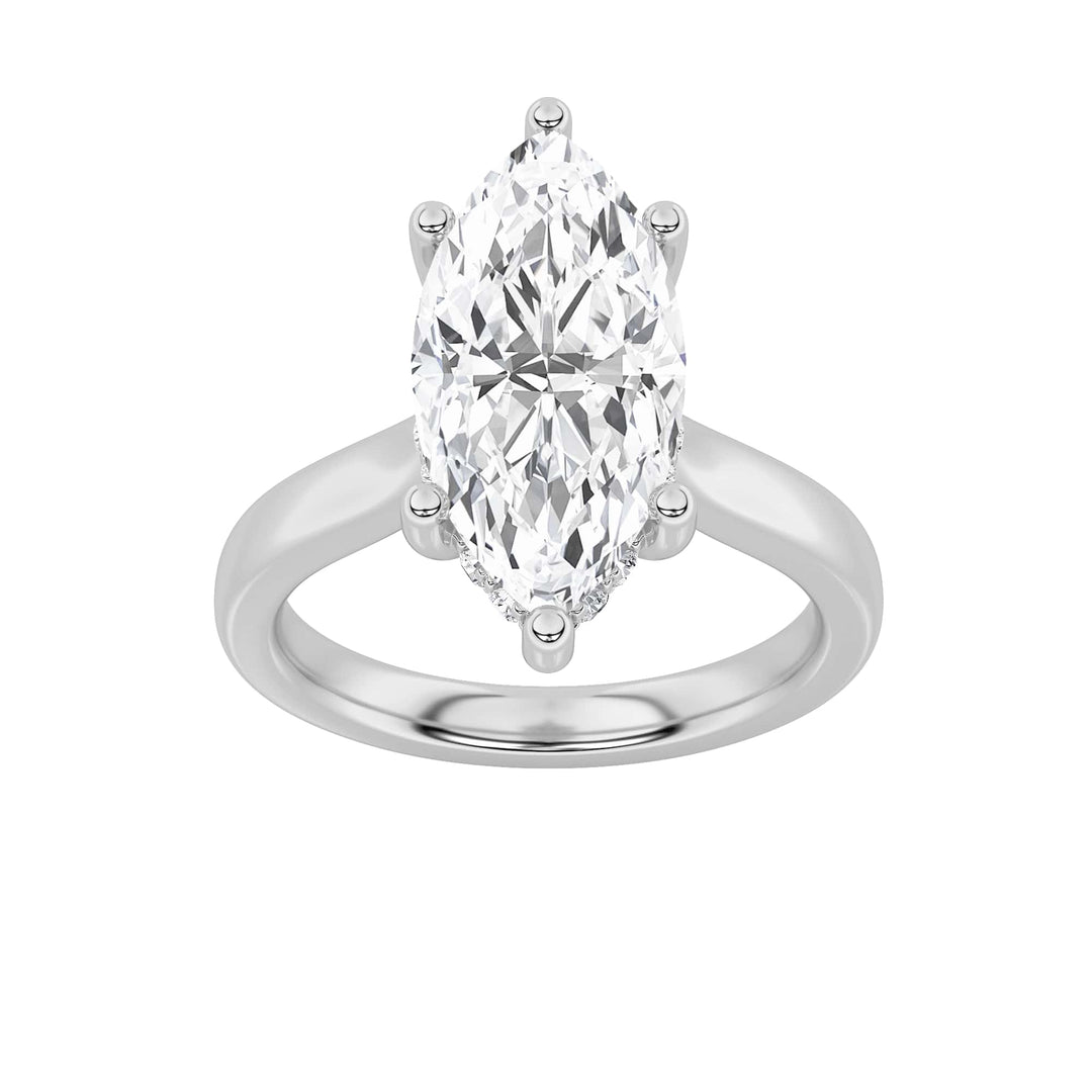 3Cttw Marquise Shaped Lab Grown Diamond (F/VS) Hidden Halo Cathedral Shank Engagement Ring in 14K Gold