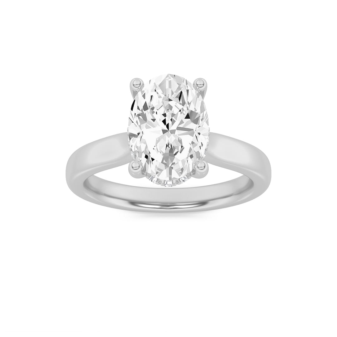 1CTW Oval Shaped Lab Grown Diamond (F/VVS) Hidden Halo Cathedral Shank Engagement Ring in 14K Gold