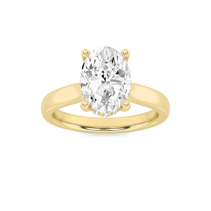 2Cttw Oval Shaped Lab Grown Diamond (F/VS) HiddenHalo Cathedral Shank Engagement Ring in 14K Gold