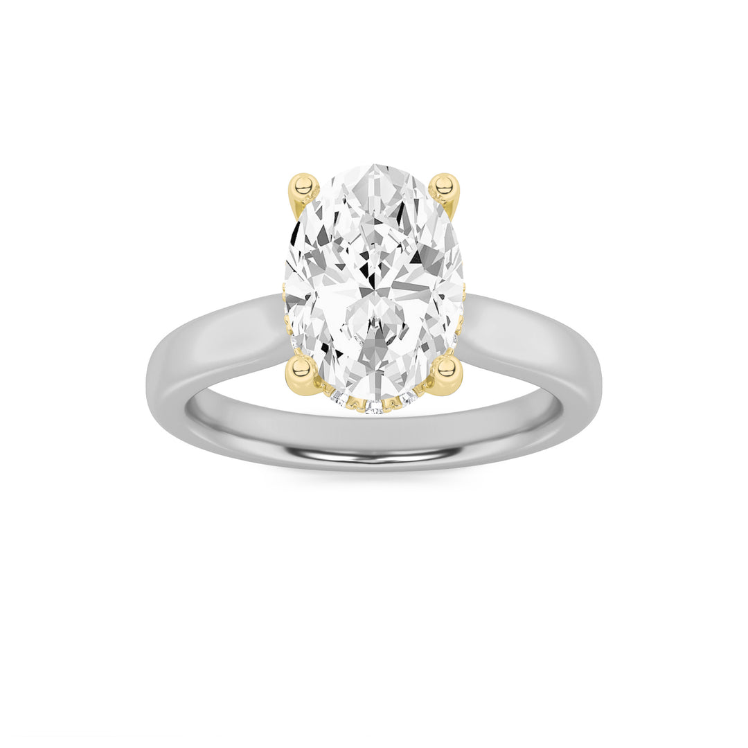 2Cttw Oval Shaped Lab Grown Diamond (F/VVS) Hidden Halo Cathedral Shank Engagement Ring in 14K Gold