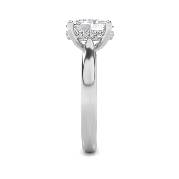 3Cttw Oval Shaped Lab Grown Diamond (F/VS) HiddenHalo Cathedral Shank Engagement Ring in 14K Gold