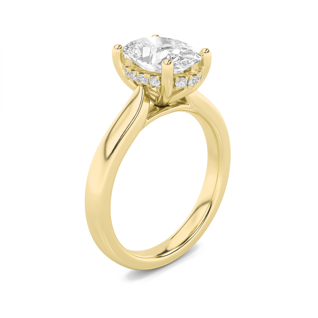 3Cttw Oval Shaped Lab Grown Diamond (F/VS) HiddenHalo Cathedral Shank Engagement Ring in 14K Gold