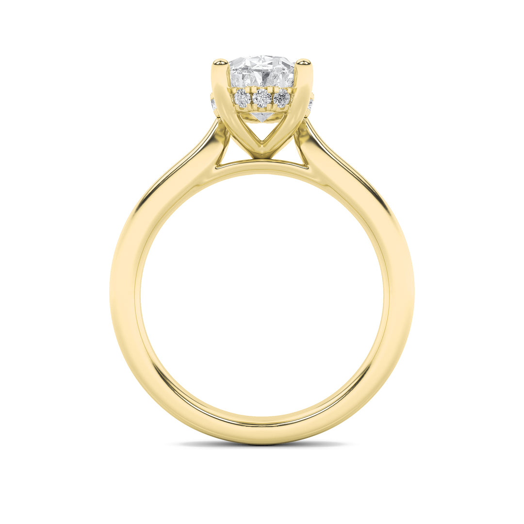 3Cttw Oval Shaped Lab Grown Diamond (F/VS) HiddenHalo Cathedral Shank Engagement Ring in 14K Gold
