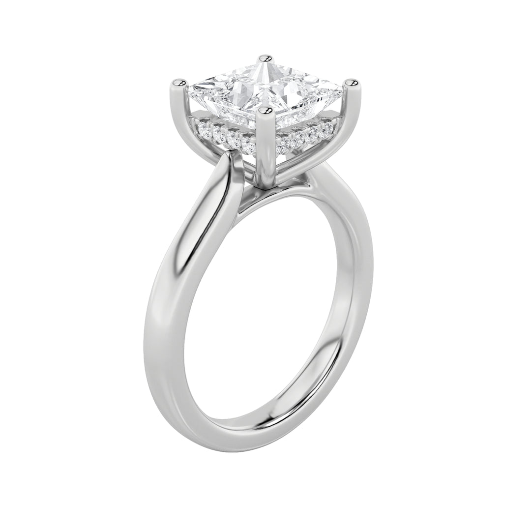 1CTW Princess Shaped Lab Grown Diamond (F/VS) Hidden Halo Cathedral Shank Engagement Ring in 14K Gold