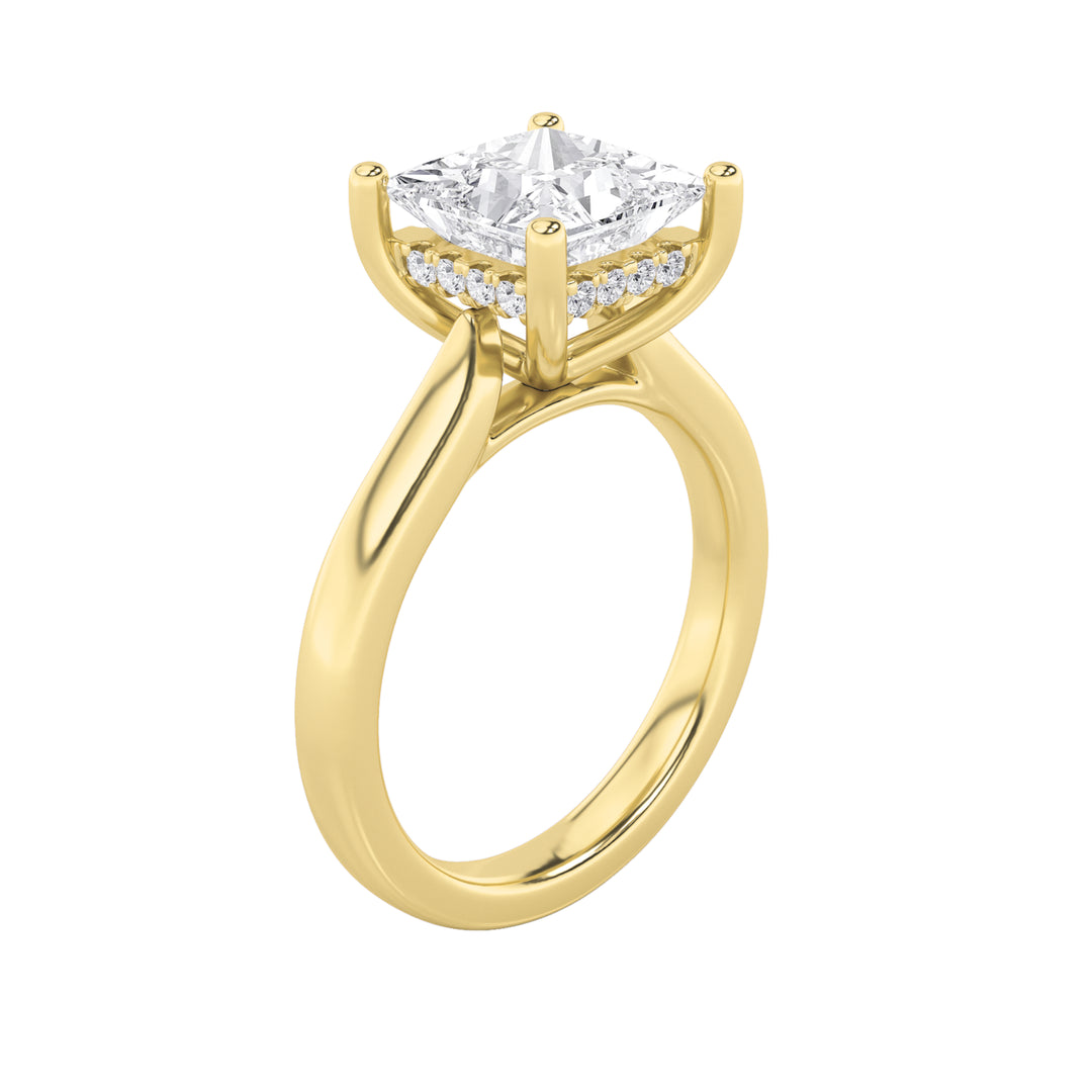 3Cttw Princess Shaped Lab Grown Diamond (F/VS) Hidden Halo Cathedral Shank Engagement Ring in 14K Gold