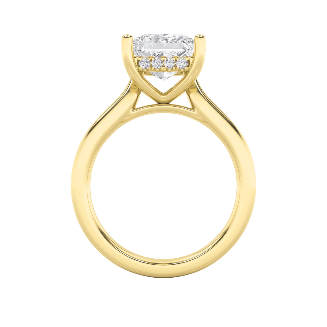 3Cttw Princess Shaped Lab Grown Diamond (F/VS) Hidden Halo Cathedral Shank Engagement Ring in 14K Gold