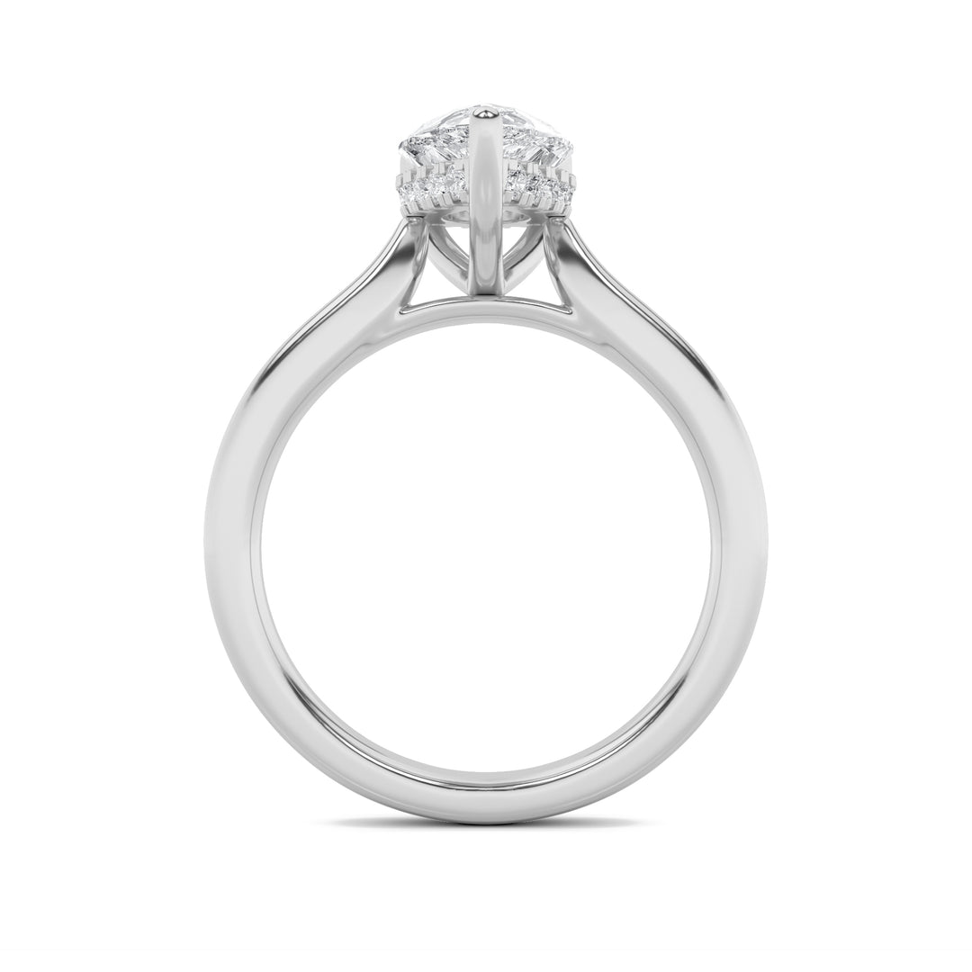 1CTW Pear Shaped Lab Grown Diamond (F/VS) Hidden Halo Cathedral Shank Engagement Ring in 14K Gold
