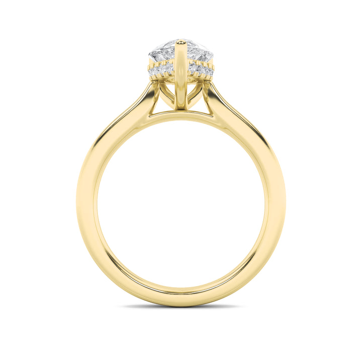 1CTW Pear Shaped Lab Grown Diamond (F/VS) Hidden Halo Cathedral Shank Engagement Ring in 14K Gold