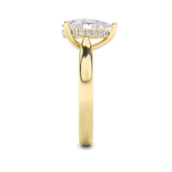 1CTW Pear Shaped Lab Grown Diamond (F/VS) Hidden Halo Cathedral Shank Engagement Ring in 14K Gold