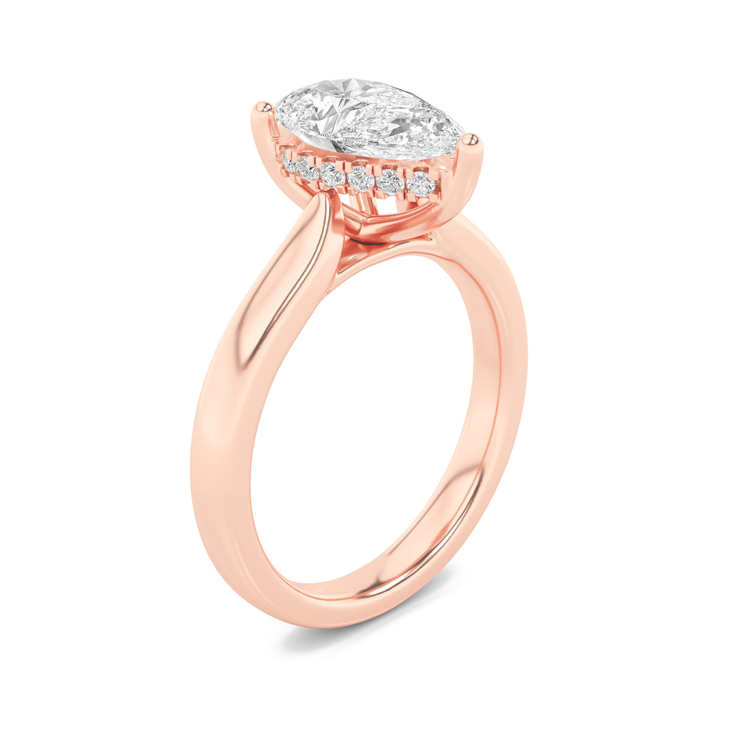 1CTW Pear Shaped Lab Grown Diamond (F/VS) Hidden Halo Cathedral Shank Engagement Ring in 14K Gold