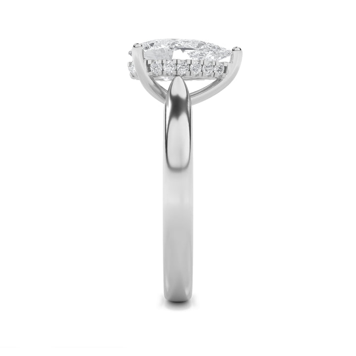 2Cttw Pear Shaped Lab Grown Diamond (F/VS) HiddenHalo Cathedral Shank Engagement Ring in 14K Gold