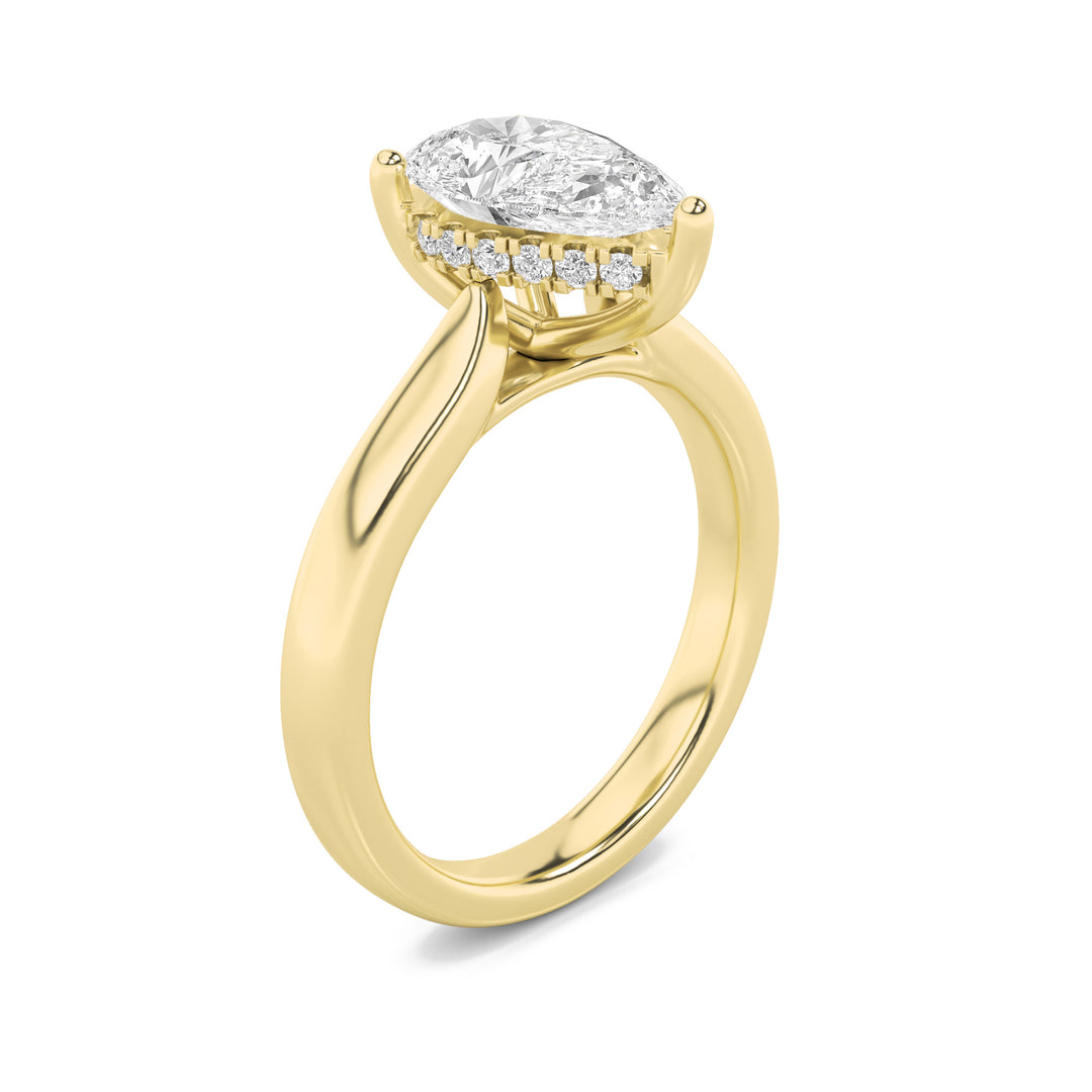 2Cttw Pear Shaped Lab Grown Diamond (F/VS) HiddenHalo Cathedral Shank Engagement Ring in 14K Gold
