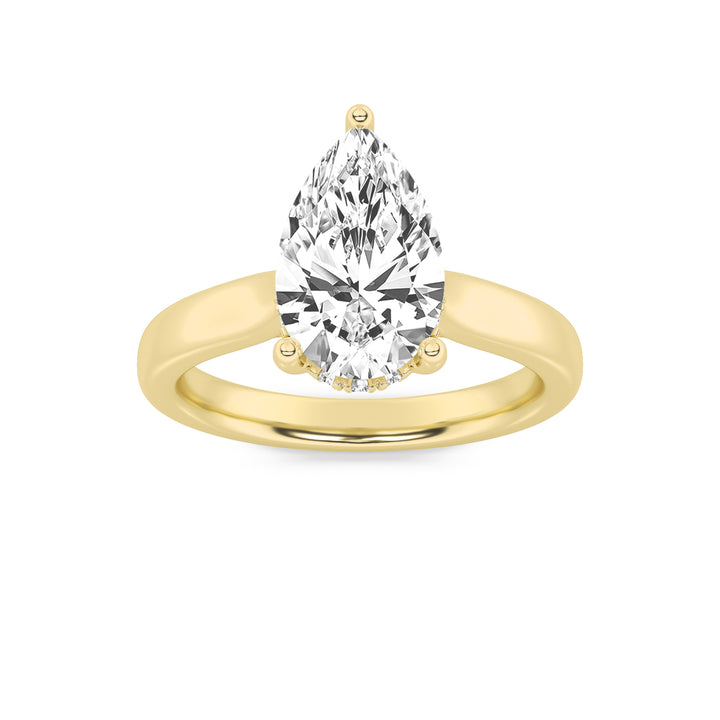 3Cttw Pear Shaped Lab Grown Diamond (F/VS) HiddenHalo Cathedral Shank Engagement Ring in 14K Gold