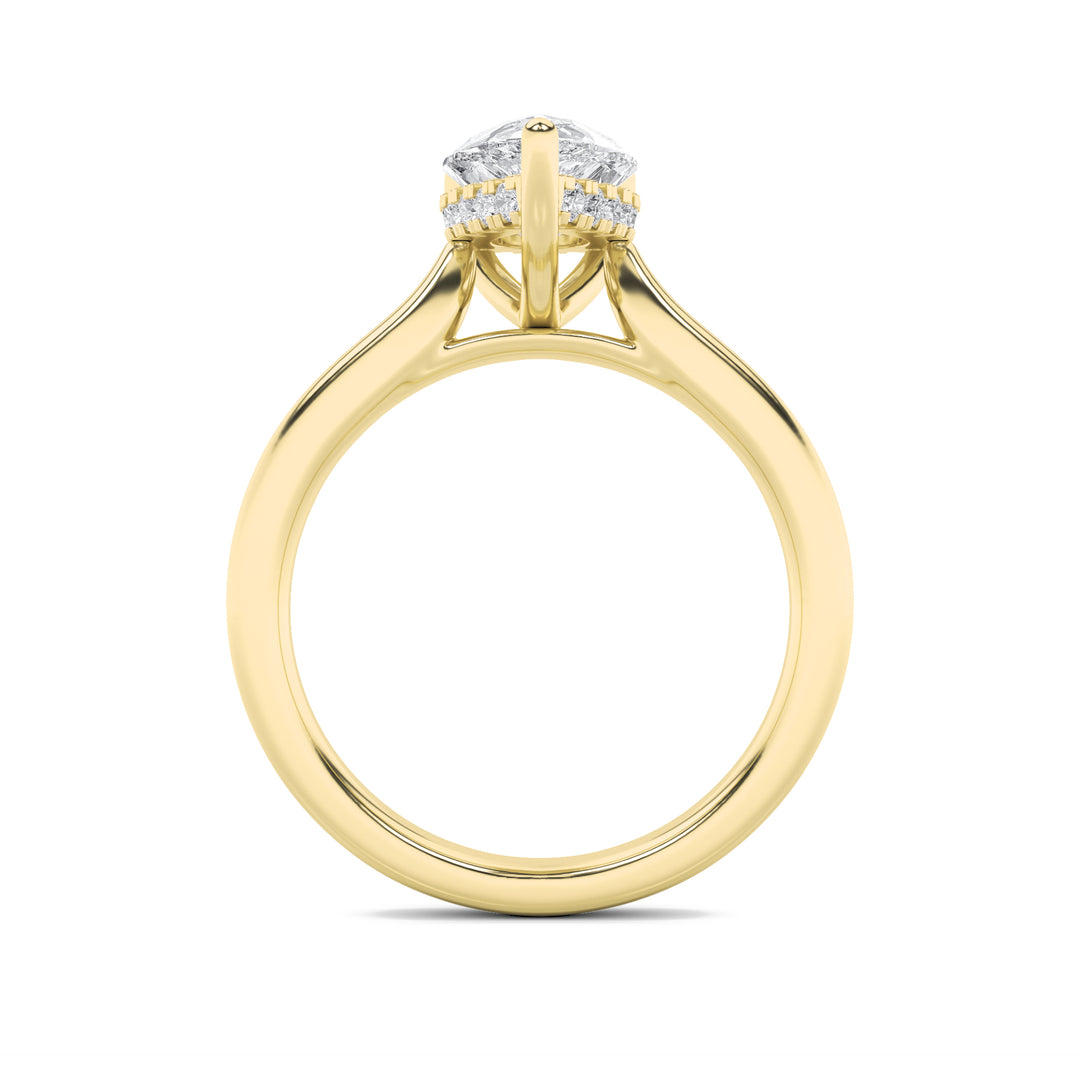 3Cttw Pear Shaped Lab Grown Diamond (F/VS) HiddenHalo Cathedral Shank Engagement Ring in 14K Gold
