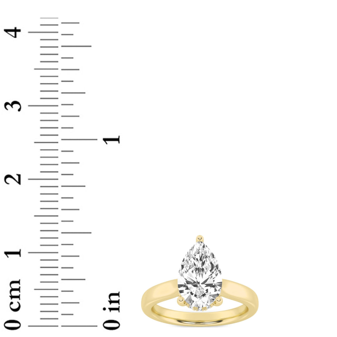 3Cttw Pear Shaped Lab Grown Diamond (F/VS) HiddenHalo Cathedral Shank Engagement Ring in 14K Gold
