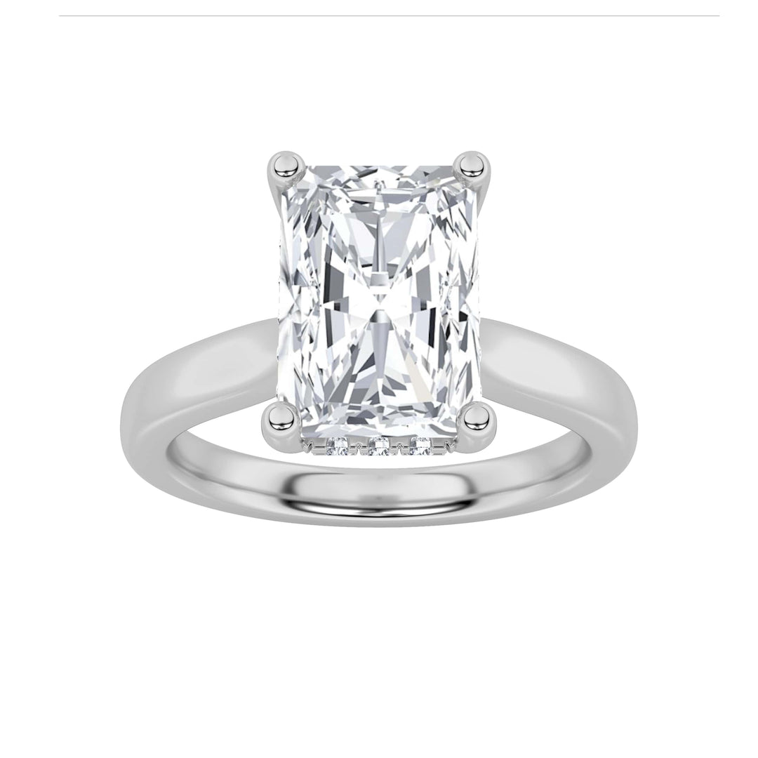 1CTW Radiant Shaped Lab Grown Diamond (F/VS) Hidden Halo Cathedral Shank Engagement Ring in 14K Gold