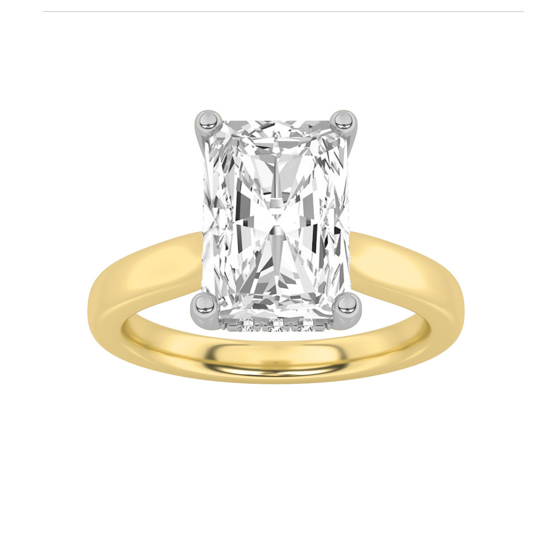 3Cttw Radiant Shaped Lab Grown Diamond (F/VVS) Hidden Halo Cathedral Shank Engagement Ring in 14K Gold