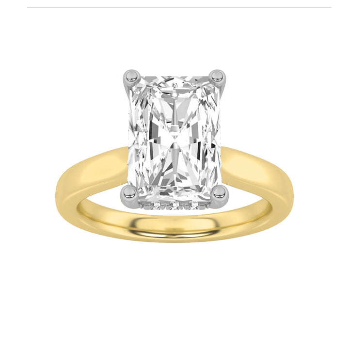 3Cttw Radiant Shaped Lab Grown Diamond (F/VVS) Hidden Halo Cathedral Shank Engagement Ring in 14K Gold