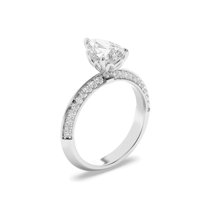 2CTW Pear Shaped Lab Grown Diamond (G/VS) Micro Pave Knife Edge Accent Ring in 14K Gold