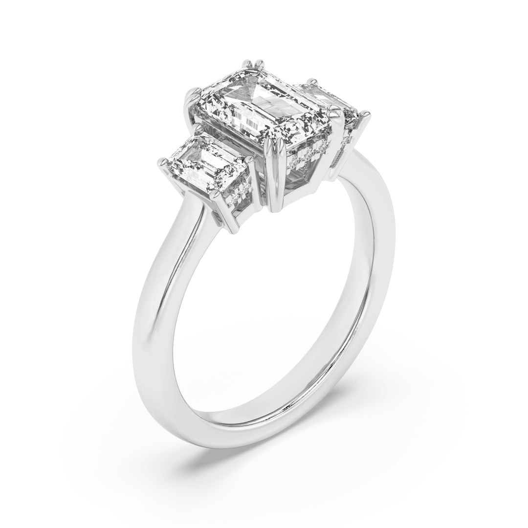 3Cttw Emerald Shaped Lab Grown Diamond (G/VS) Three Stone Accented Ring in 14K Gold