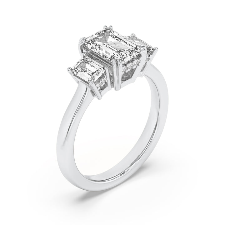 3Cttw Emerald Shaped Lab Grown Diamond (G/VS) Three Stone Accented Ring in 14K Gold