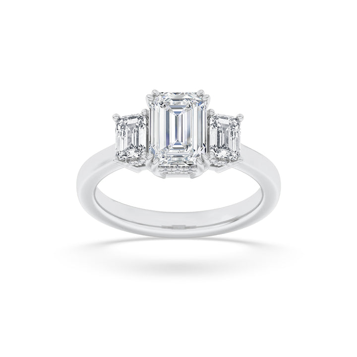 3Cttw Emerald Shaped Lab Grown Diamond (G/VS) Three Stone Accented Ring in 14K Gold