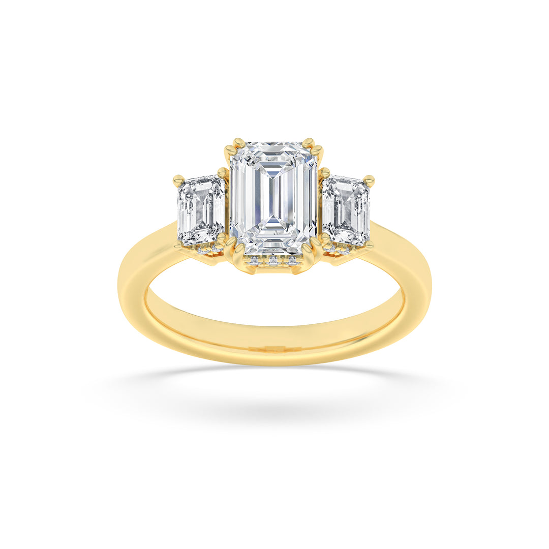 3Cttw Emerald Shaped Lab Grown Diamond (F/VS) Three Stone Accented Ring in 14K Gold