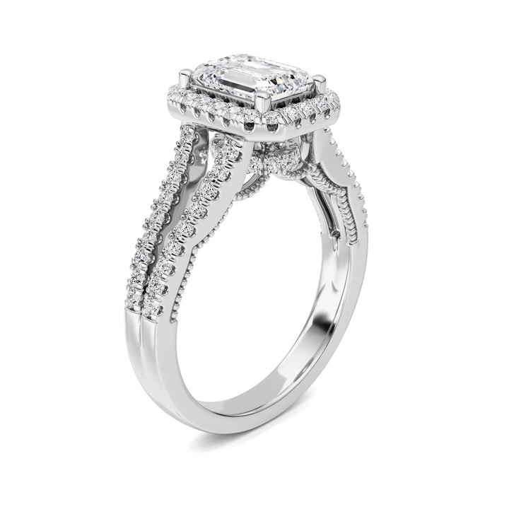 2Cttw Emerald Shaped Lab Grown Diamond (F/VS) Split shank Accented Ring in 14K Gold