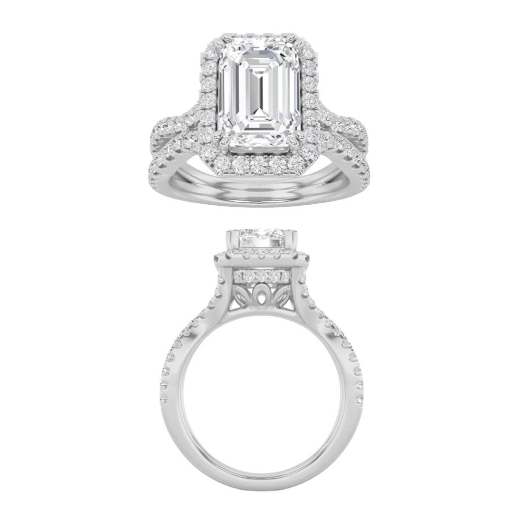 3Cttw Emerald Shaped Lab Grown Diamond (F/VS) Split shank Accented Ring in 14K Gold