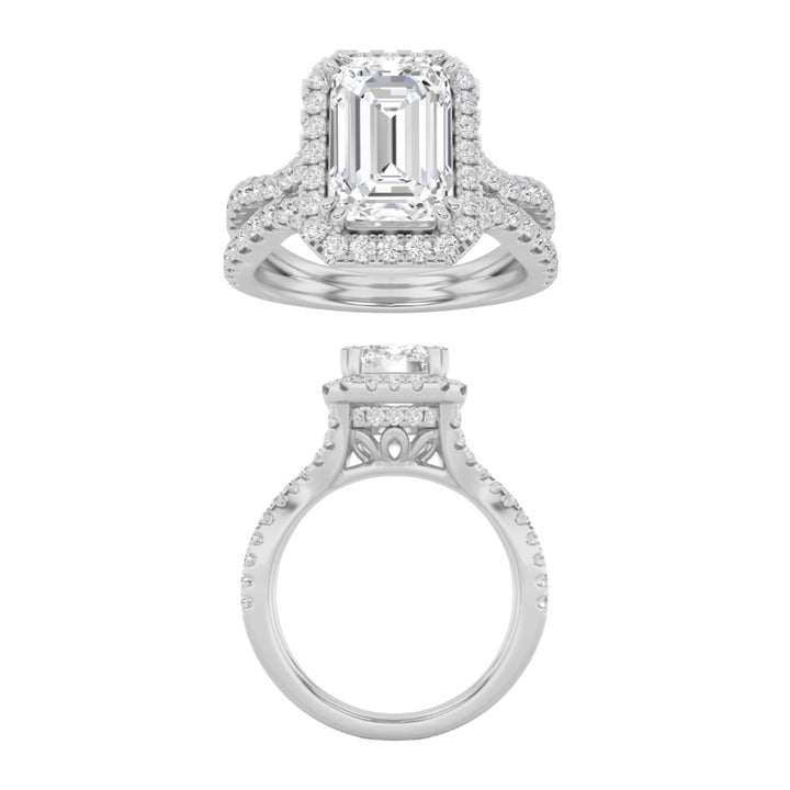 3Cttw Emerald Shaped Lab Grown Diamond (F/VS) Split shank Accented Ring in 14K Gold