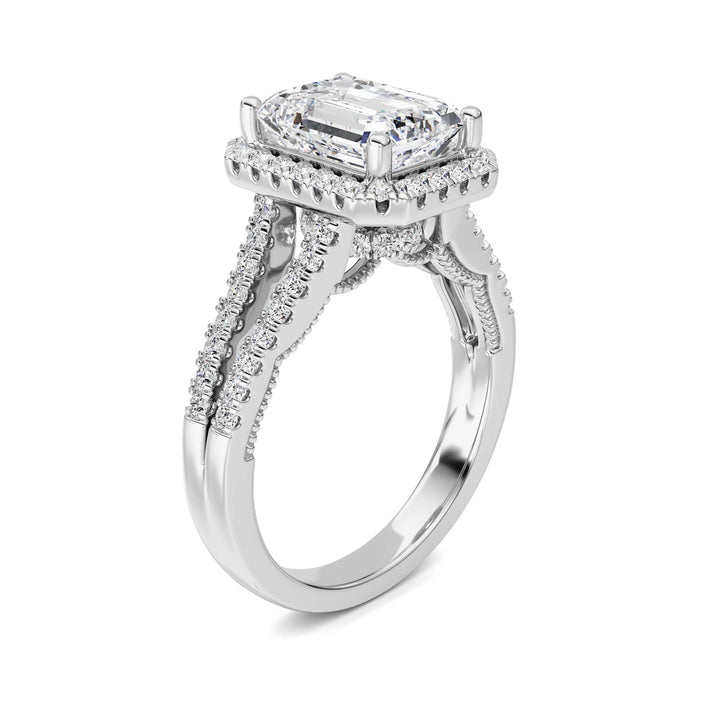 3Cttw Emerald Shaped Lab Grown Diamond (F/VS) Split shank Accented Ring in 14K Gold