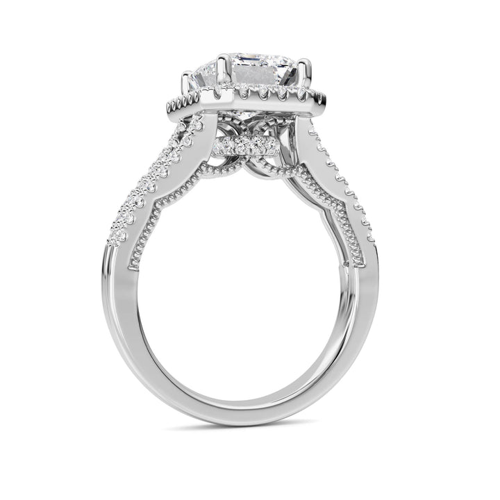 3Cttw Emerald Shaped Lab Grown Diamond (F/VS) Split shank Accented Ring in 14K Gold