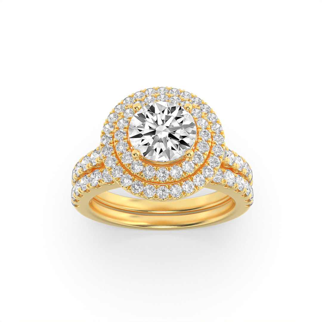 2Cttw Round Shaped Lab Grown Diamond (F/VS) Double Halo Bridal Set Engagement Ring Set in 14K Gold