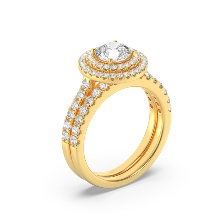 2Cttw Round Shaped Lab Grown Diamond (F/VS) Double Halo Bridal Set Engagement Ring Set in 14K Gold