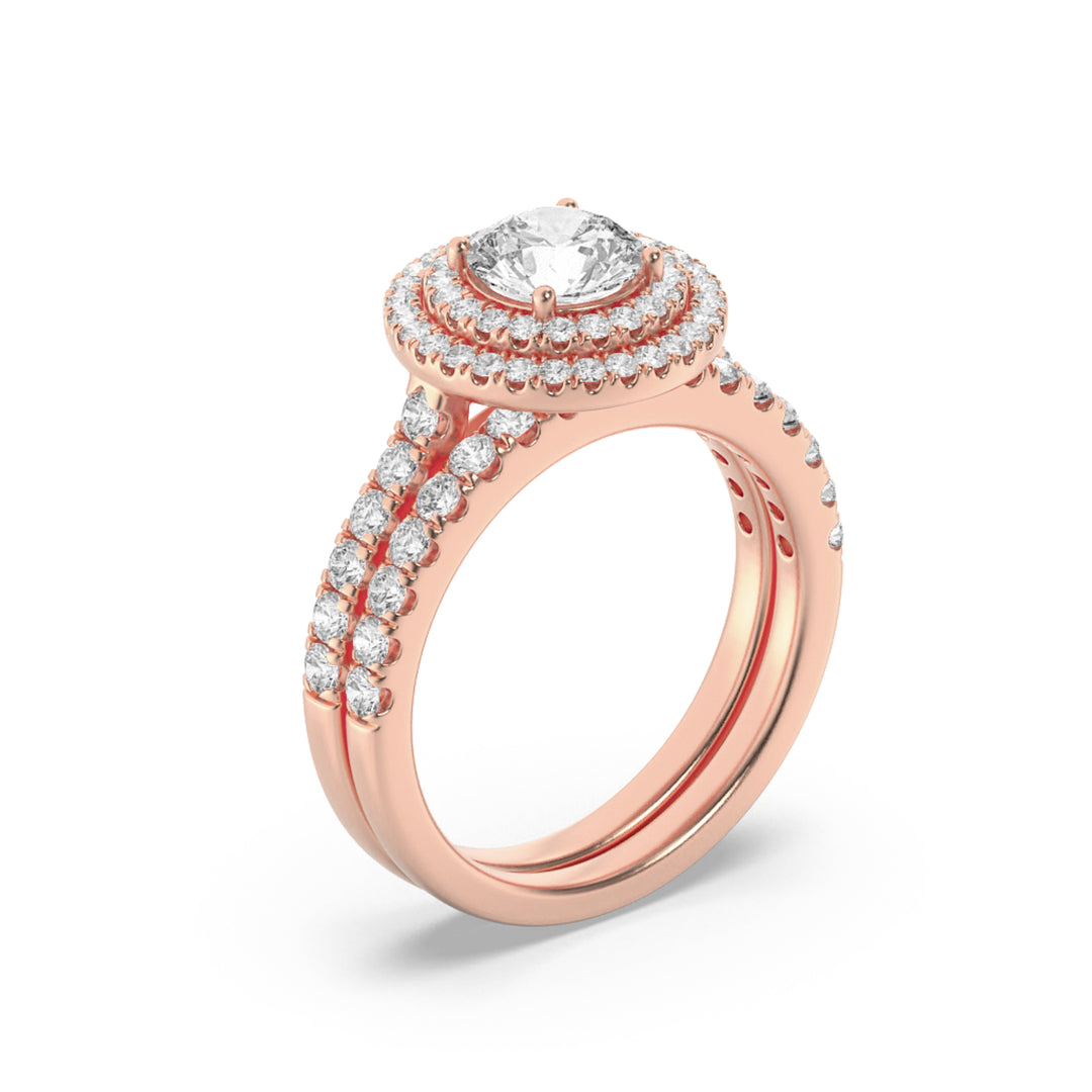 2Cttw Round Shaped Lab Grown Diamond (F/VS) Double Halo Bridal Set Engagement Ring Set in 14K Gold