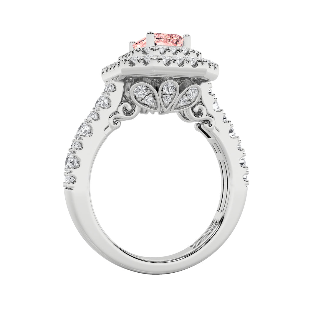 2Cttw Emerald Shaped Lab Grown Diamond (F/VS) Double Halo Engagement Ring in 14K Gold