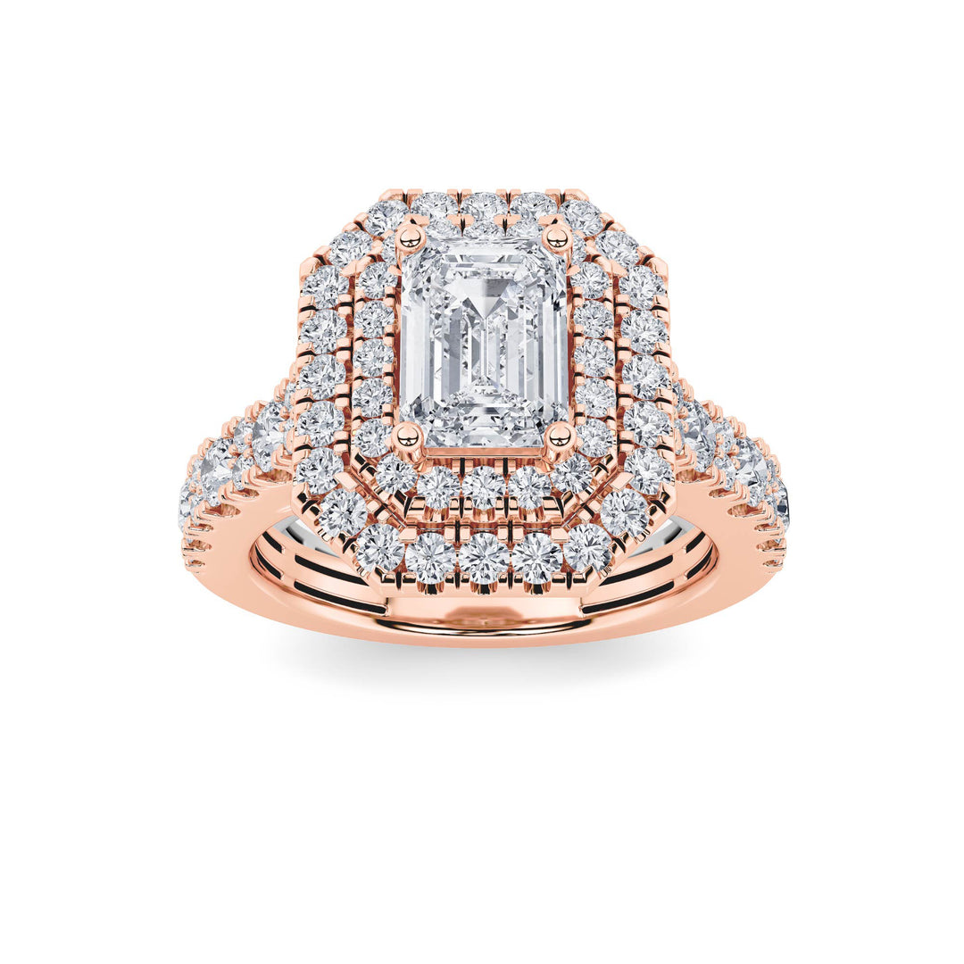 2Cttw Emerald Shaped Lab Grown Diamond (F/VS) Double Halo Engagement Ring in 14K Gold