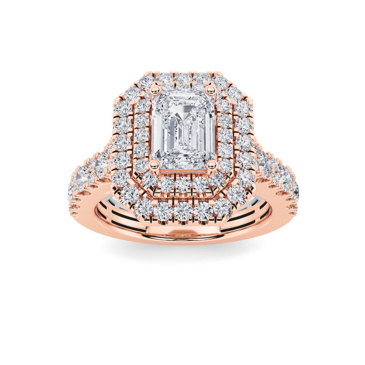 2Cttw Emerald Shaped Lab Grown Diamond (F/VS) Double Halo Engagement Ring in 14K Gold