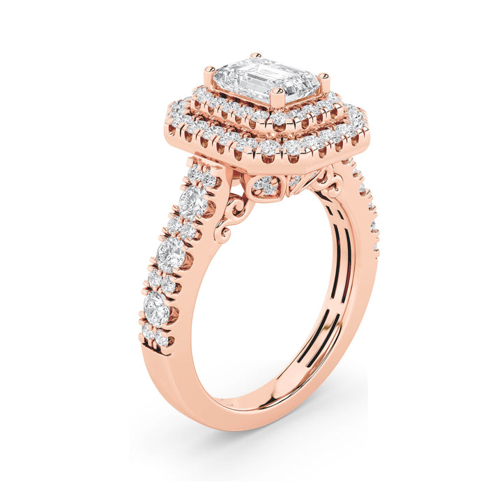 2Cttw Emerald Shaped Lab Grown Diamond (F/VS) Double Halo Engagement Ring in 14K Gold