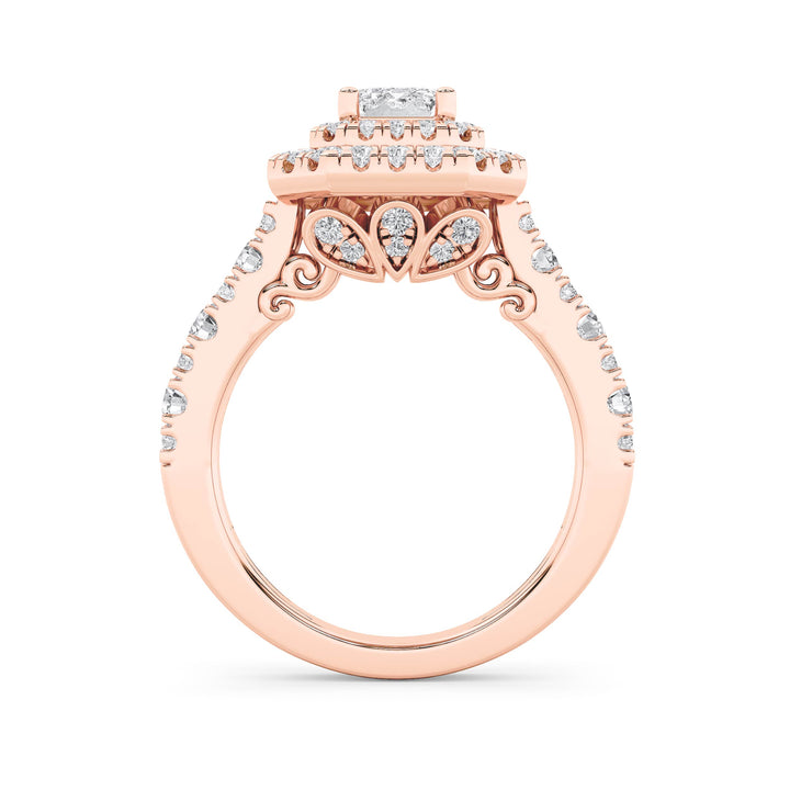 2Cttw Emerald Shaped Lab Grown Diamond (F/VS) Double Halo Engagement Ring in 14K Gold