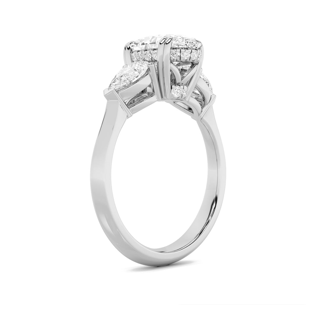 3Cttw Oval Shaped Lab Grown Diamond (G/VS) Three Stone Hidden Halo Ring in 14K Gold