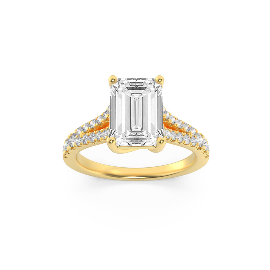 2CTW Emerald Shaped Lab Grown Diamond (F/VS) Split Shank Trellis Engagement Ring in 14K Gold