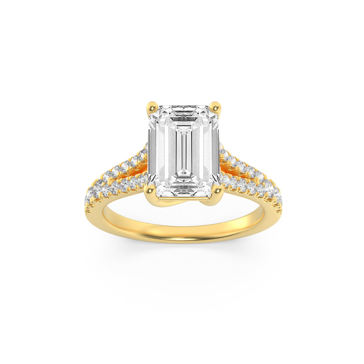 2CTW Emerald Shaped Lab Grown Diamond (F/VS) Split Shank Trellis Engagement Ring in 14K Gold