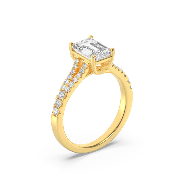 2CTW Emerald Shaped Lab Grown Diamond (F/VS) Split Shank Trellis Engagement Ring in 14K Gold
