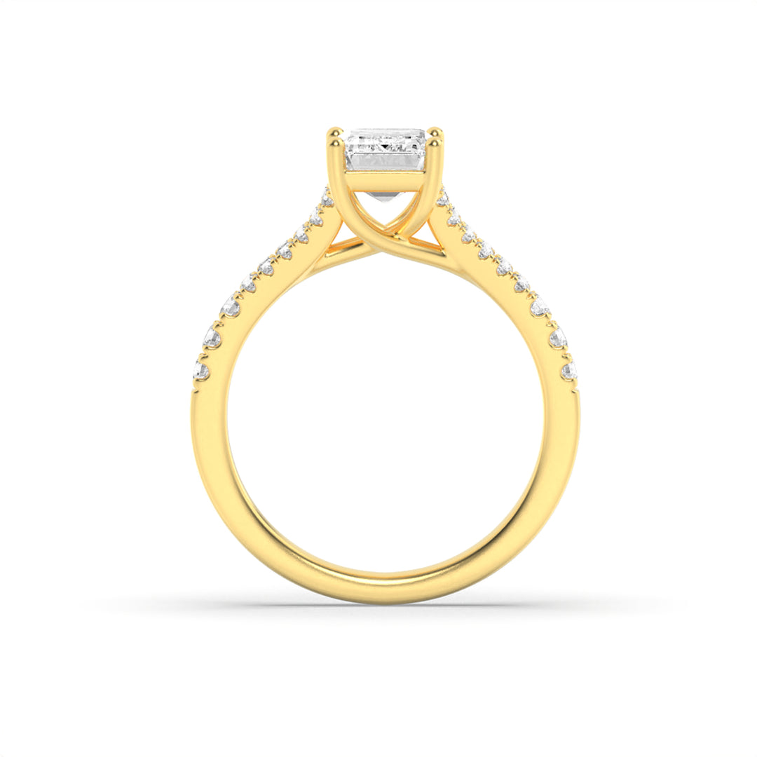 2CTW Emerald Shaped Lab Grown Diamond (F/VS) Split Shank Trellis Engagement Ring in 14K Gold
